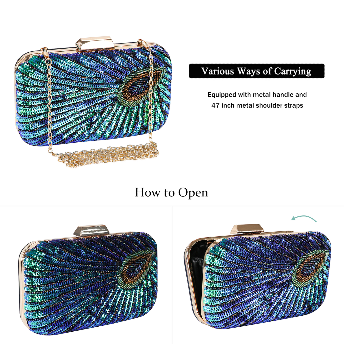 Women's Vintage Beaded Sequin Peacock Clutch Purse Handmade Crossbody Evening Bag Handbag For Wedding Party Prom